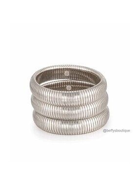 Flex Snake Chain Stretch Bangles Set of 3 Rhodium Plated Womens Bracelets